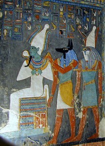 Detaliu din mormântul faraonului Horemheb, cu zeii Osiris, Anubis și Horus
