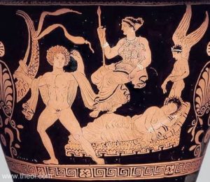 16. Ariadne, abandonată de Tezeu. Atena îi poruncește lui Tezeu să o abandoneze pe Ariadne pe insula Naxos. Fata este cufundată în somn, în timp ce Hypnos, zeul înaripat al somnului, picură apă din râul uitării pe capul ei.