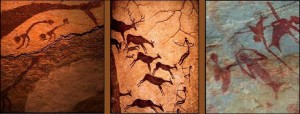 Picturi rupestre antice, înfățișând sirene în peșterile din Lascaux, Franța și Karoo, Africa de Sud